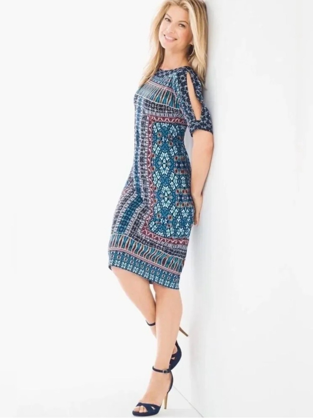 CHICO'S Cold-Shoulder Geometric Print Midi Shift Dress Boho